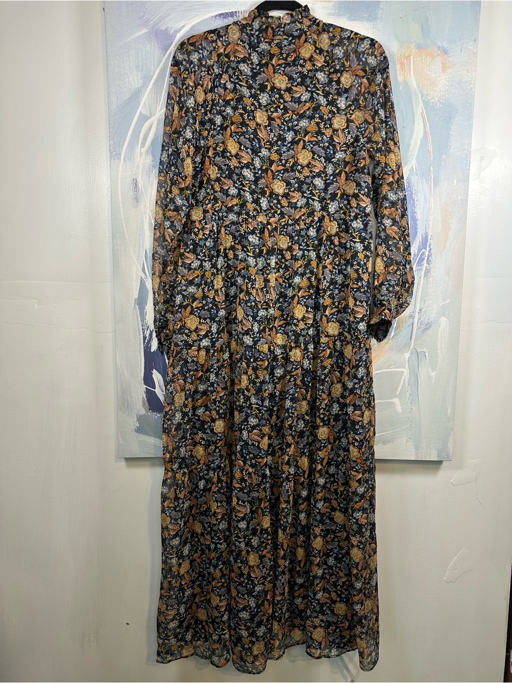 1.STATE Floral Tiered Maxi Dress M Ruffle Collar V Neck Long Sleeve Boho - Picture 5 of 11